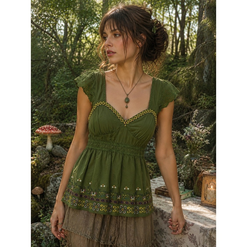 Olive Green Forest Fairy Boho Cami Top Embroidered Cottagecore Fairycore L